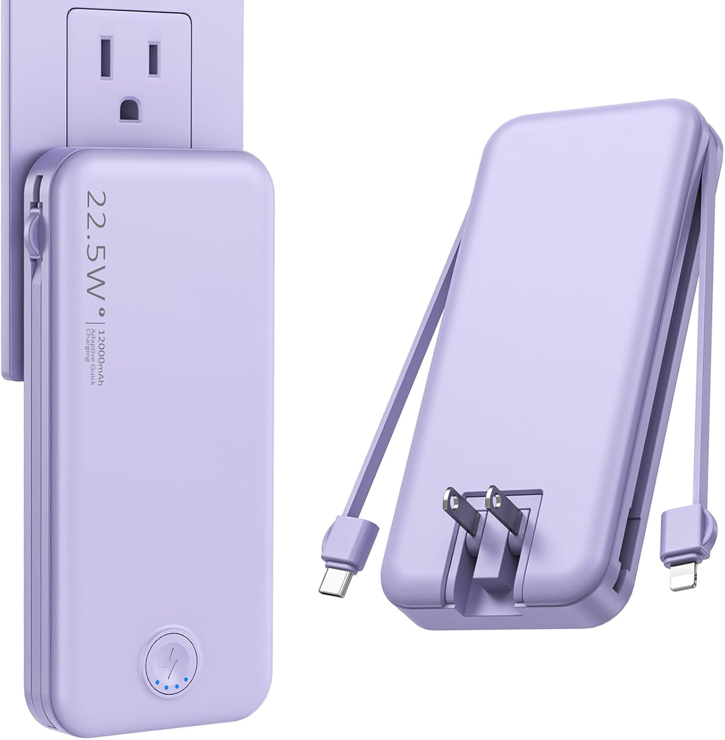 22.5W Super Fast Charging Portable Charger with Wall Plug,12000mAh USB-C Power Bank Built-in 2 Cable, Lightweight Phone Travel Battery Pack for all iPhone, , Tablets