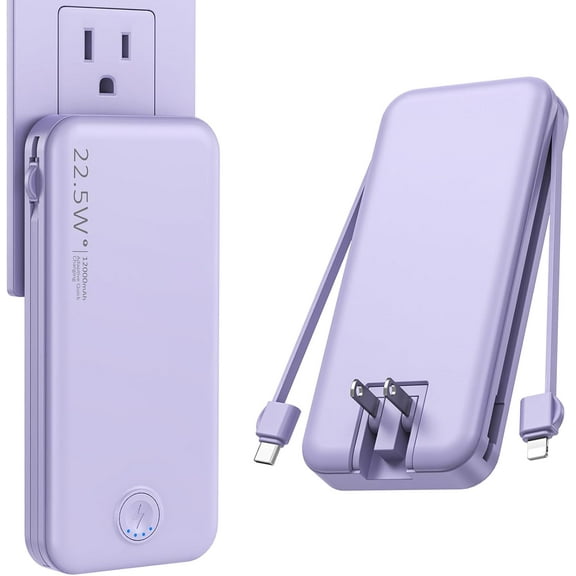 22.5W Super Fast Charging Portable Charger with Wall Plug,12000mAh USB-C Power Bank Built-in 2 Cable, Lightweight Phone Travel Battery Pack for all iPhone, , Tablets