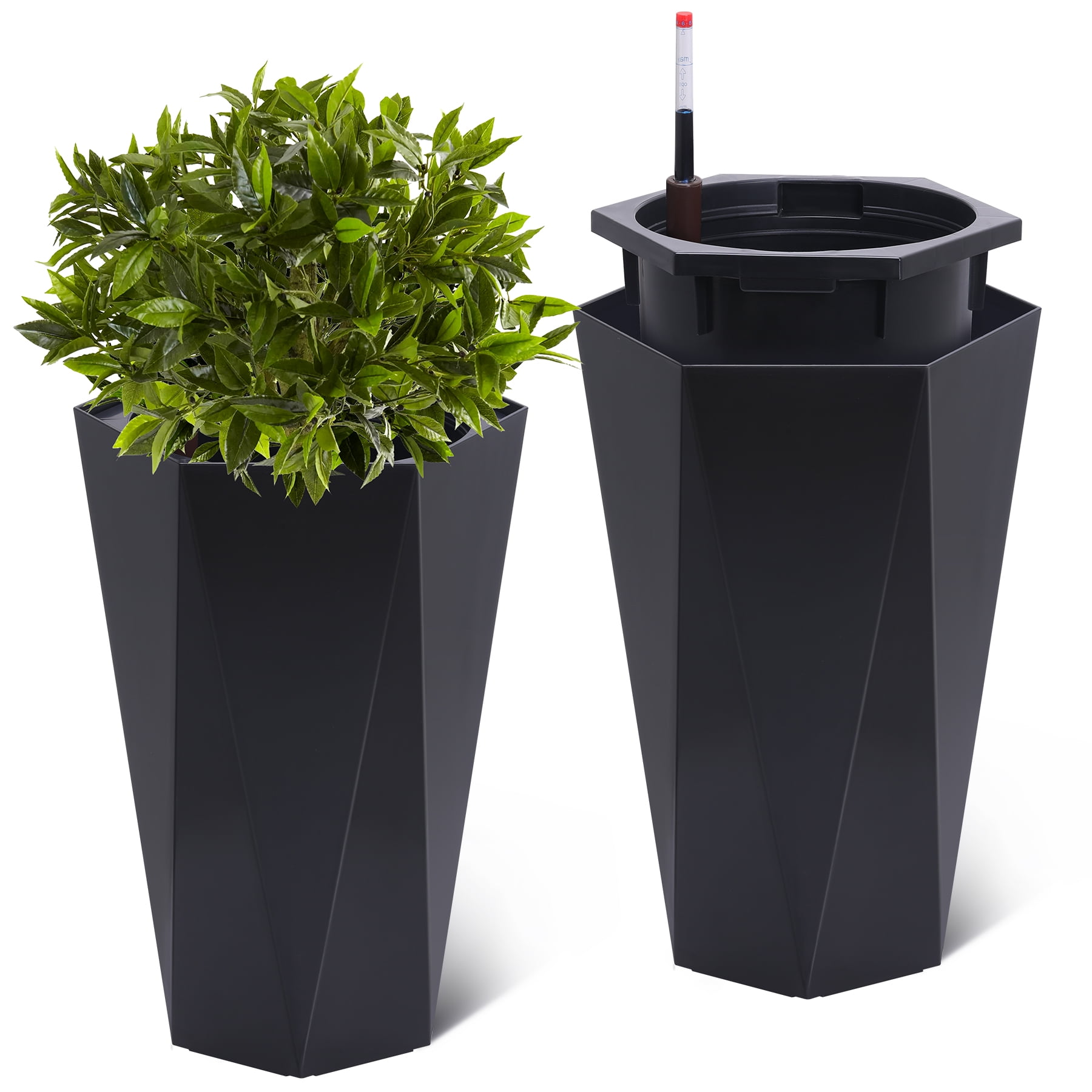 22.5inch Tall Planters Set of 2, Self Watering Planter with Water Level Monitor, Large Plastic Flower Pot with Inner Bucket and for Patio, Porch, Living Room