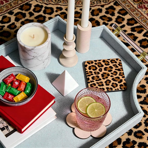 22.6 Inch Shagreen Decorative Coffee Table Tray with Gold Handles for Ottoman Serving and Home Organization