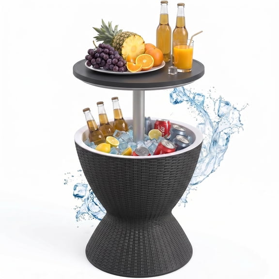 22.64 Inch Round Adjustable Height and Multi-Functional Alloy Steel Patio Bar Table with Drain Plug and 8 Gallon Cooler, Black