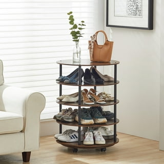 Wooden Rotating Shoe Rack Tower, 4 Tier Revolving Shoe Storage with 4 Wheels, 360 Spinning Wood Round Shoe Rack for 16 Pairs Shoes,Grey, Shoe RackA001