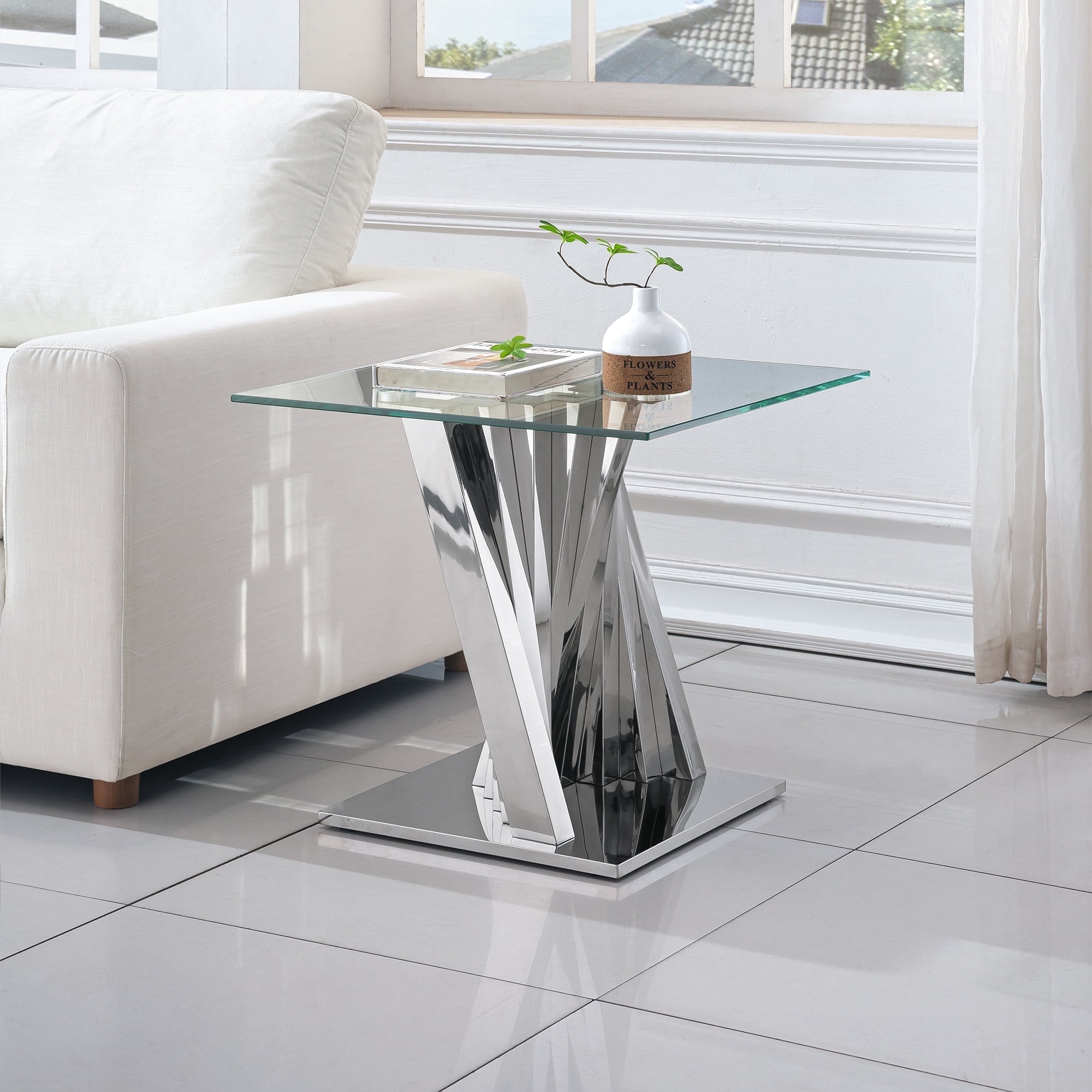 22.8" Modern Glass End Table, Luxury Side Table with Tempered Glass & Flash-Shaped Irregular Stainless Steel Base, Nightstand, Accent Table for Living Room, Office.