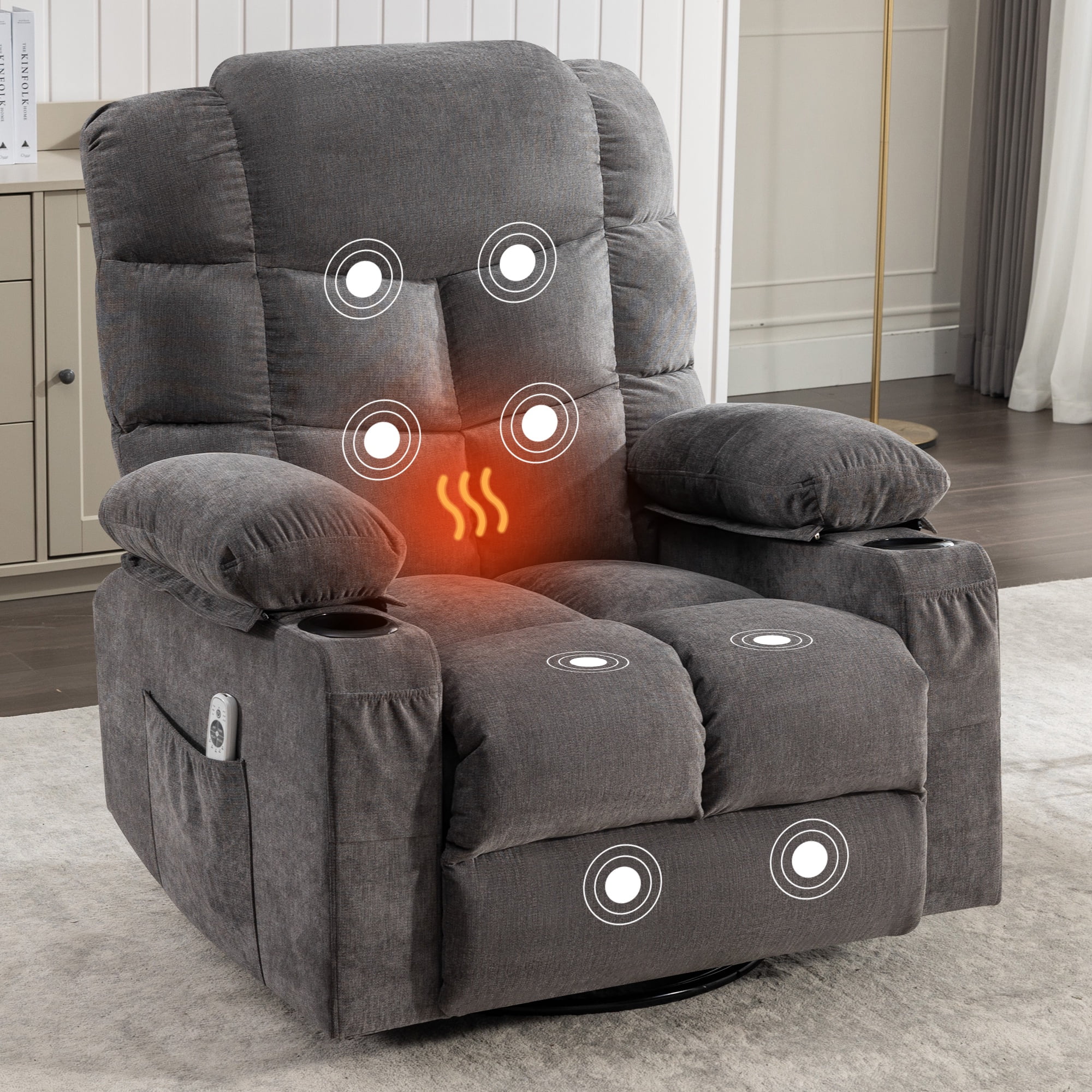 Swivel Rocker Chair, LEGAHOME Manual Glider Rocking Chair for Nursery with Massage and Heat, 22.8in Glider Massage Recliner Chairs for Adults, with Cup Holder and Side Pocket, Gray