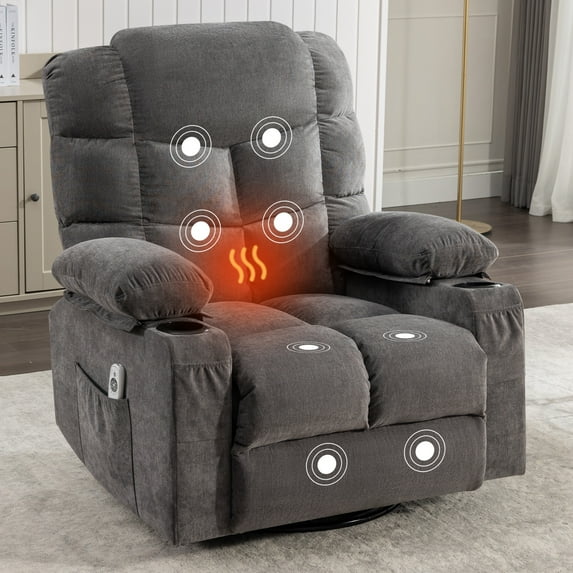 Swivel Rocker Recliner, LEGAHOME Modern Manual Recliner Chair with Heat and Massage, 360° Swivel & 30° Rocking Nursery Guilder Recliner with Cup Holder, 22.8in Wide Seat, Gray