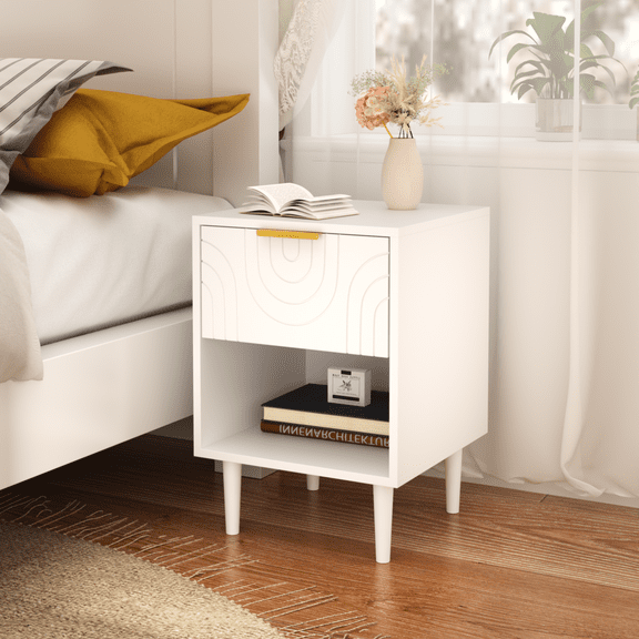 Modern Nightstand with Drawer and Open Shelf Gold Accent Handle MDF White