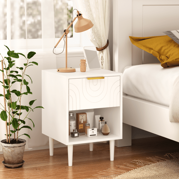22.83'' H Nightstand with Drawer and Gold Handle,Modern Night Stand with Wood Legs for Bedroom,Wood End Table Bedside Table for Boys and Girls,White