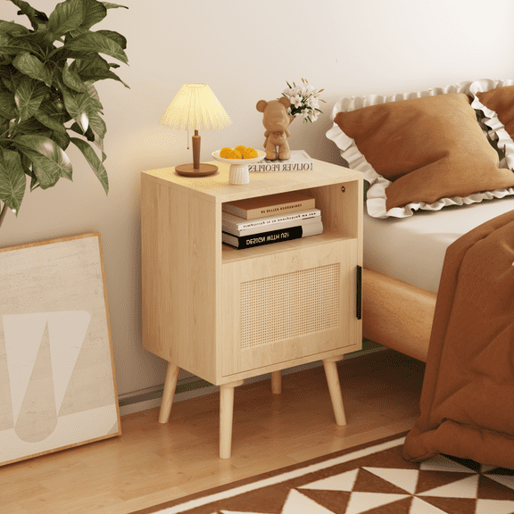 22.83'' H Rattan Nightstand, Side Table with Door Open Shelf, Accent Bedside End Table with Solid Wood Legs for Bedroom, Dorm and Small Spaces, Oak