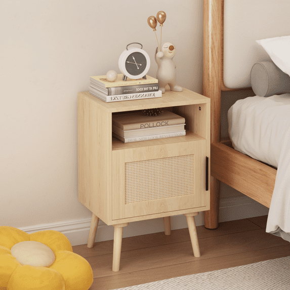 22.83'' H Rattan Nightstand,Side Table with Door Open Shelf,Accent Bedside End Table with Solid Wood Legs for Bedroom,Dorm and Small Spaces,Oak