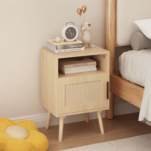22.83'' H Rattan Nightstand,Side Table with Door Open Shelf,Accent Bedside End Table with Solid Wood Legs for Bedroom,Dorm and Small Spaces,Oak