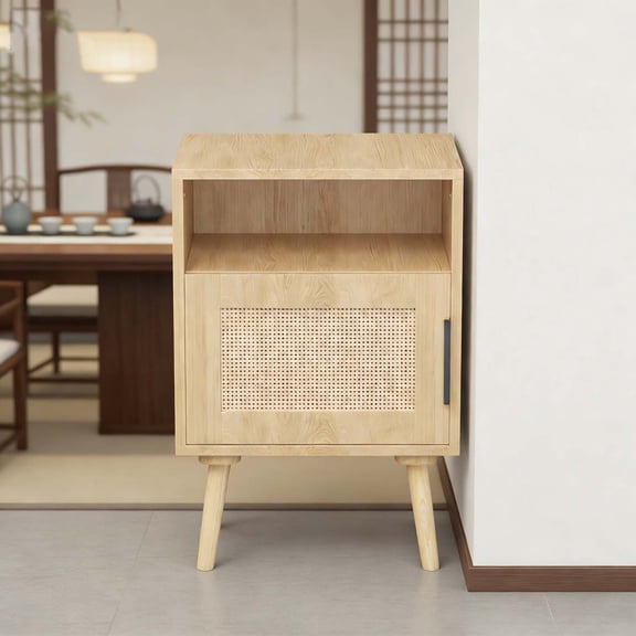 22.83'' H Rattan Nightstand with Open Shelf & Door, Solid Wood Legs Natural Oak End Table, Space-Saving for Bedroom Dorm Small Living Areas