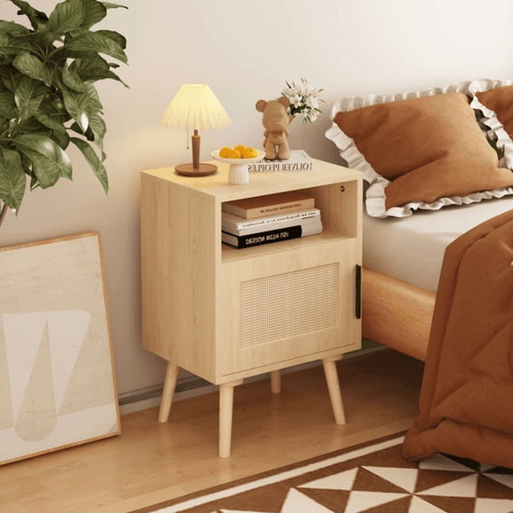 22.83" H Rattan Nightstand with Storage Door & Open Shelf, Bedside End Accent Table with Solid Wood Legs for Bedroom, Dorm & Small Spaces