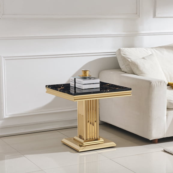 22.83" Modern Square Side Table, Black Faux Marble Top with Gold Mirror Stainless Steel I-Shaped Base for Living Room, Bedroom, Small Nightstand