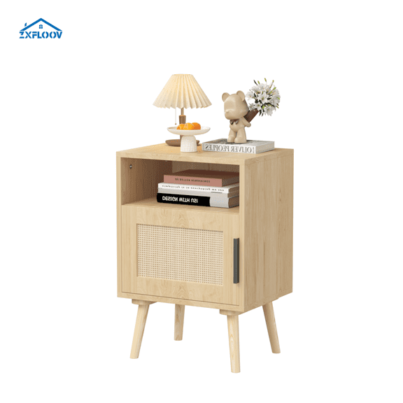 22.83" Rattan Nightstand - Stylish Side Table with Open Shelf & Solid Wood Legs for Bedroom, Dorm, & Small Spaces | Versatile Bedside End Table in Oak Finish
