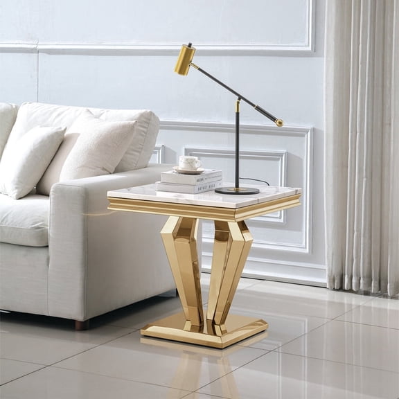 22.83" Square End Table, Diamond Stainless Steel Base, White Marble Pattern Top for Bedroom or Sofa Side, Small Space