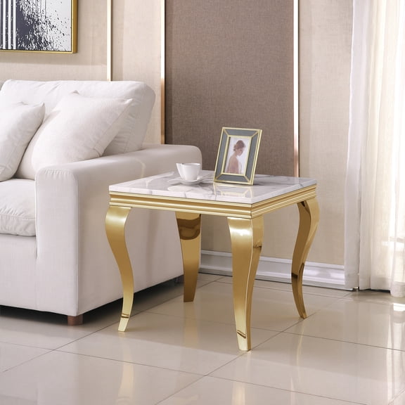 22.83" Marble End Table, Square Faux Marble Top with S-Shaped Mirrored Stainless Steel Legs, Modern Side Table for Living Room