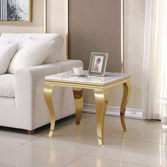 22.83" Square Faux Marble End Table, Marble-Patterned Top with Gold Mirrored Stainless Steel S-Shaped Legs, for Hallway, Living Room, Bedroom
