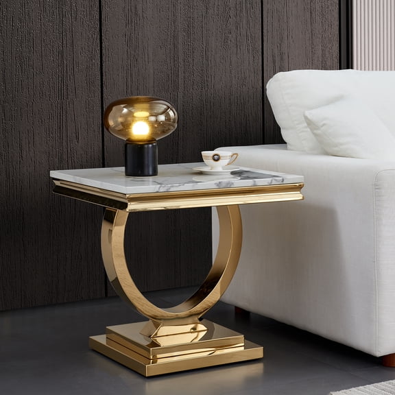 22.83" Square Faux Marble End Table, Modern Marble-Patterned Top with Gold Mirrored Stainless Steel O-Base, for Hallway, Living Room, Bedroom