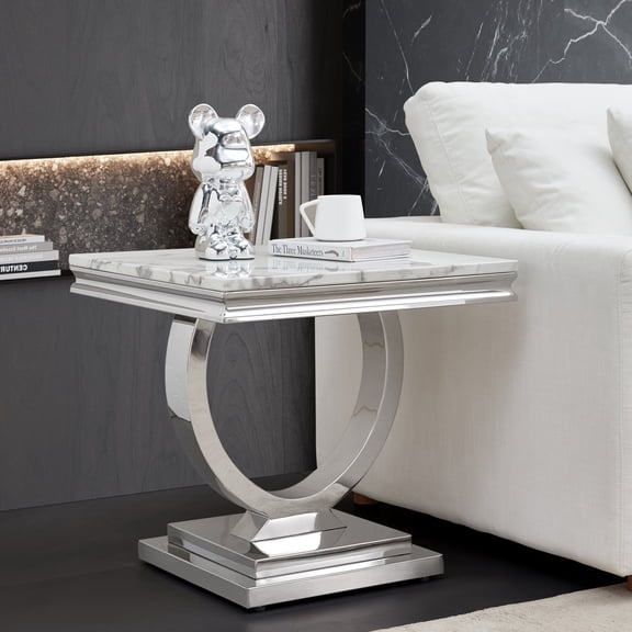 22.83" Square Faux Marble End Table, Mirrored Stainless Steel U-Shaped Base, Modern Luxury Living Room Decor Side Table