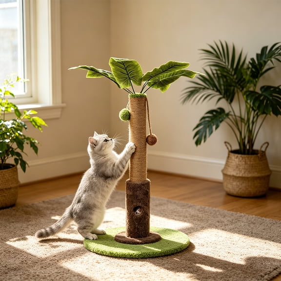 22.83" Tall Cat Scratching Post, Cat Scratcher for Indoor Cats with Artificial Palm Tree Design, Sisal Rope Wrapped Climbing Tower with Hanging Toys and Anti-Tip Stable Wood Base, 1Pc