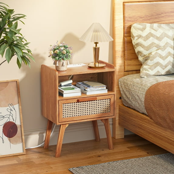 22.87" Boho Night Stands with Charging Station, Rattan Farmhouse Nightstands with Drawer and Shelf, End Table Bed Side Table for Bedroom Enrtyway Living Room, Light Brown
