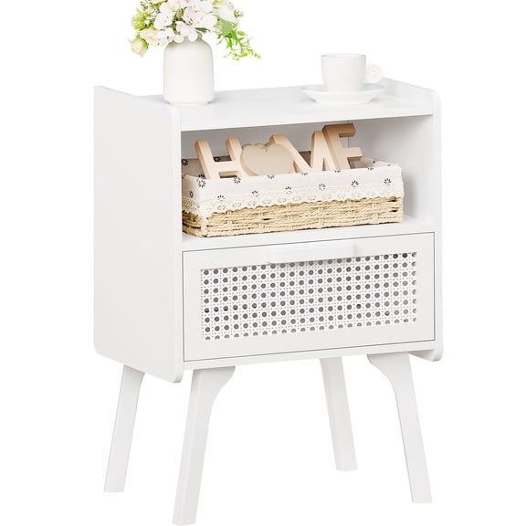 22.87"H Tall Boho Nightstands with Drawer, Rattan Nightstands with Shelf, Rattan End Table Beside Table for Bedroom Enrtyway Living Room, White