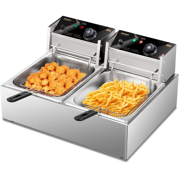 22.8QT Commercial Deep Fryer with Baskets & Lids, 21.8L Stainless Steel Electric Double Fryer, Countertop Kitchen Frying Machine w/Temperature Control, French Fries Donuts 3400W