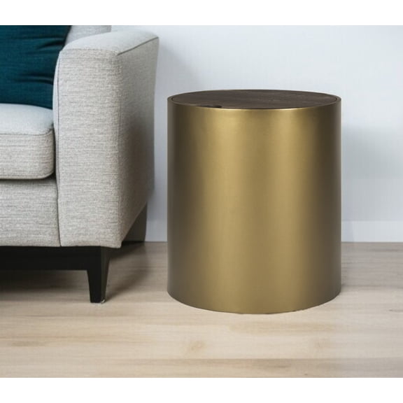 HomeRoots 604536 22 in. Antiqued Gold & Brown Metal & Solid Wood Drum End Table with Storage