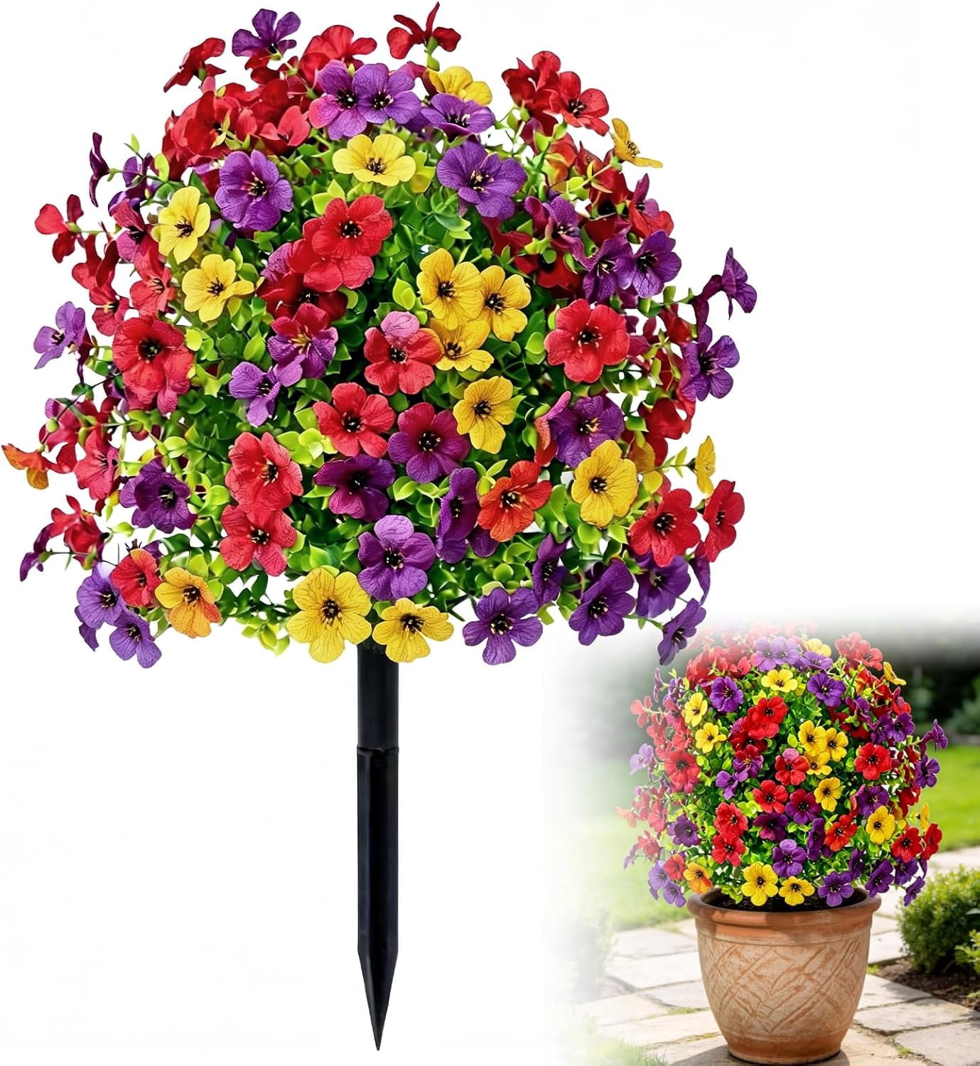 22" Artificial Flowers with Ground Spikes for Outdoors, Faux Bushes UV Resistant Spike Ball, Fake Plants Decoryard Decorations, Plastic Greenery for Garden, Yard, Patio, Front Porch,Home Décor