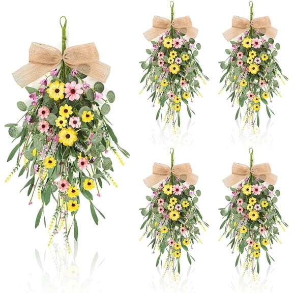 22" Artificial Spring Summer Swag Wreath, 4Pcs Spring Summer Floral Teardrop Swags for Front Door, with Ribbon Faux Flowers Hanging Wreaths for Porch Wall Window Decor