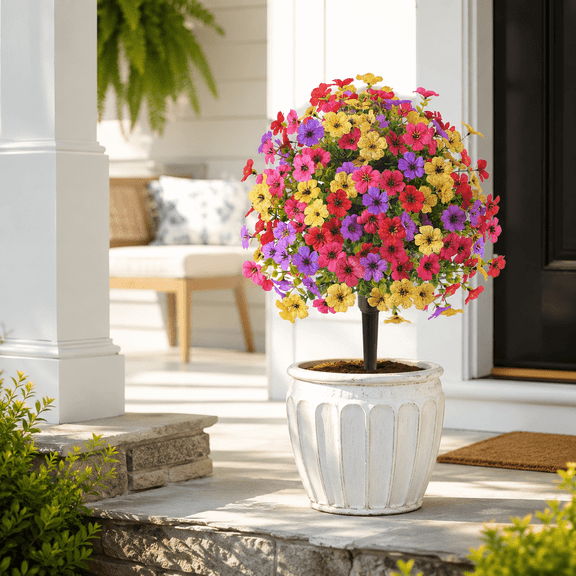 Himonut Artificial Flowers for Outdoors, 1 Pack 21.5 in UV Resistant Daisy Bush with Eucalyptus Leaves & 9 in Ground Spike for Garden & Porch