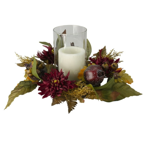 22" Autumn Harvest Mums with Pomegranate Autumn Centerpiece Glass Candle Holder