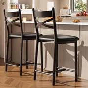 22" Bar Stools Set of 2, Counter Height Bar Stools with PU Upholstered Seat, Metal Frame Kitchen Bar Chairs with X-Design Back and Footrest for Kitchen Island, 