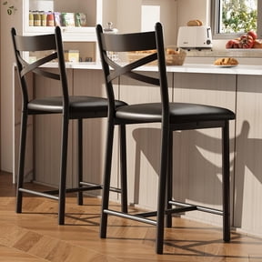 22" Bar Stools Set of 2, Counter Height Bar Stools with PU Upholstered Seat, Metal Frame Kitchen Bar Chairs with X-Design Back and Footrest for Kitchen Island, Counter Bar, Dining Room, Black
