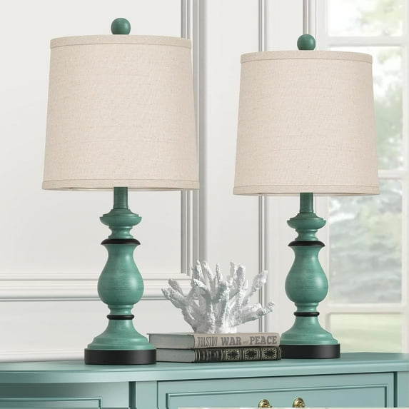 22" Bedside Desk Lamps Vintage Nightstand Lamps with Linen Shades, Antique Green
