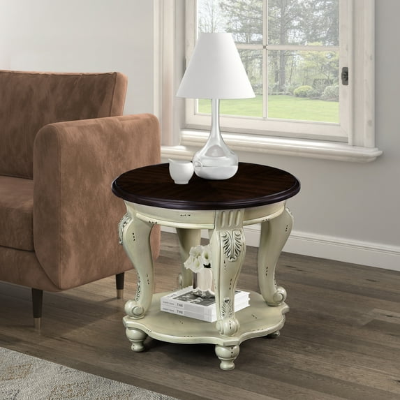 22" Beige And Round Side Table, Solid Wood With Shelf For Living Room, Easy Assembly Process, Heat- Veneer, Safe Rounded Corners End Table Shelf, Color, Area, To Assemble, Protected