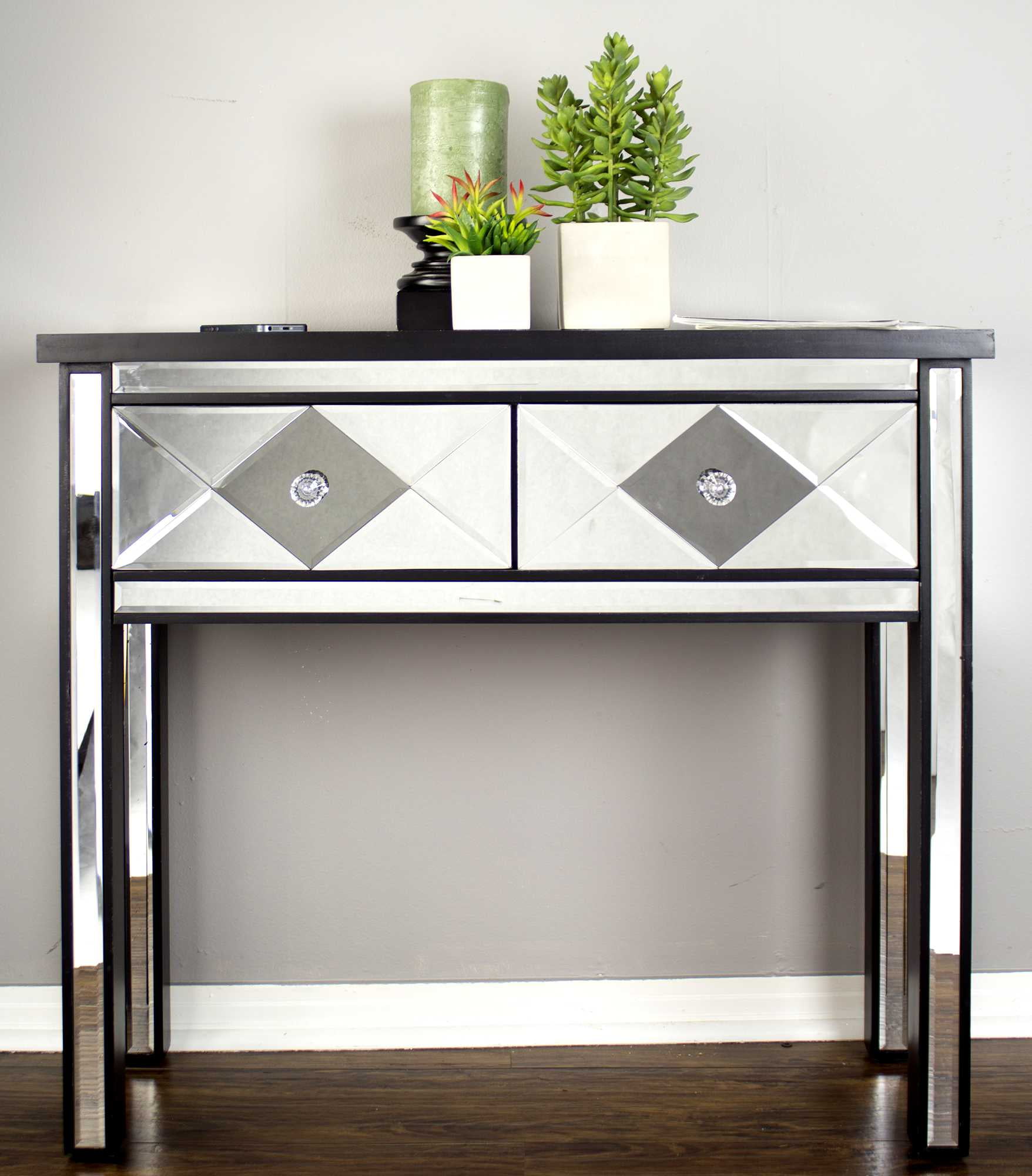 22' Black Mirrored Console Table with 2 Drawers