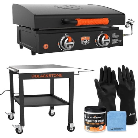 22" Blackstone Griddle with Lid, Nonstick Tabletop Gas Griddle Outdoor Combo with Blackstone Seasoning and Conditioner, Blackstone Outdoor Prep Table, Wholesalehome Cloth, and Reusable Gloves Included
