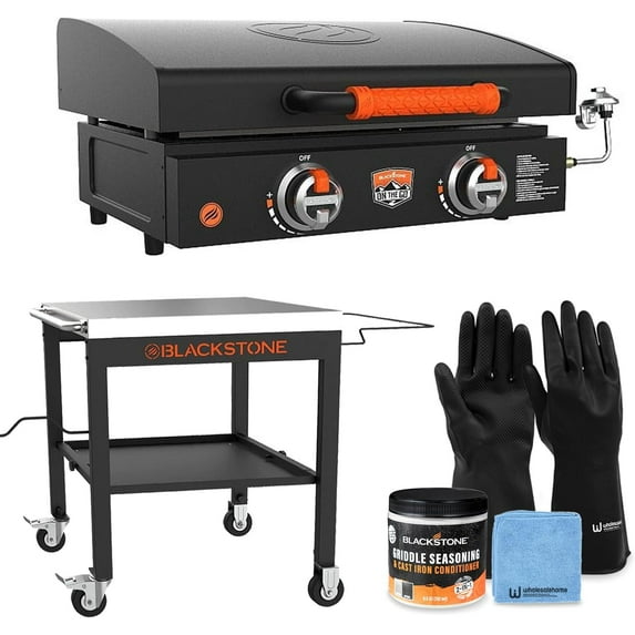 22" Blackstone Griddle with Lid, Nonstick Tabletop Gas Griddle Outdoor Combo with Blackstone Seasoning and Conditioner, Blackstone Outdoor Prep Table, Wholesalehome Cloth, and Reusable Gloves Included