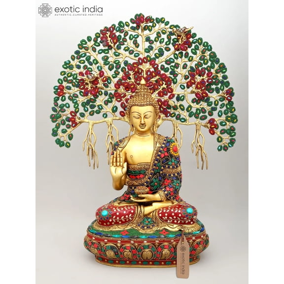 22" Blessing Lord Buddha Seated Under The Bodhi Tree | Brass Statue with Inlay Work