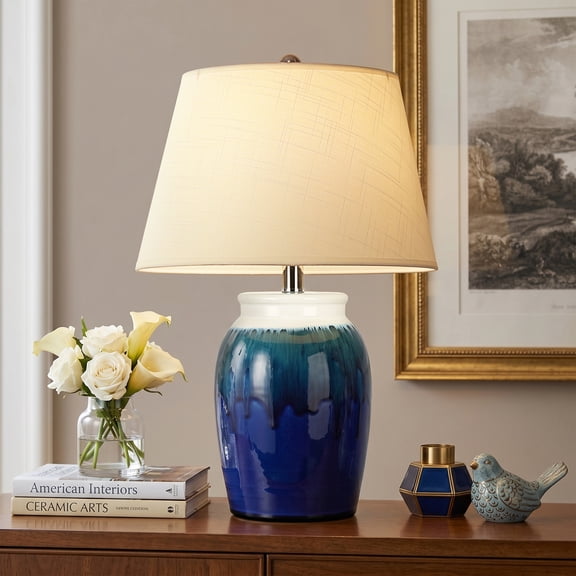 25" Modern Ceramic Table Lamp, Blue and Green Drip Glaze Bedside Nightstand Lamp for Living Room, Bedroom, Office, Includes 1 LED Bulb