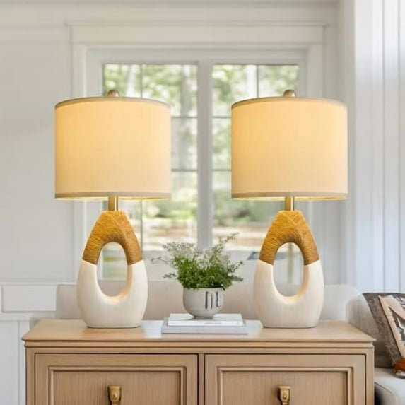 22” Boho Table Lamps for Bedroom Living Room Upgraded Set of 2 Medium Farmhouse Rattan Table Lamps, Rustic Home Decoration Nightstand Bedside Lamp for Office (Not Include Bulbs)