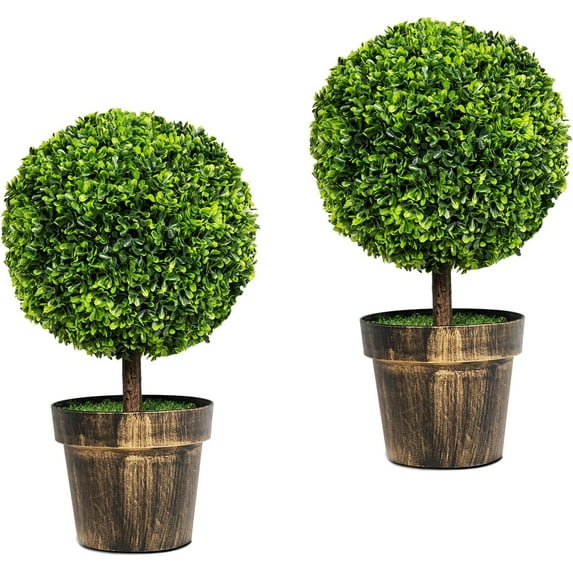 22” Boxwood Balls Outdoor Set of 2, Faux Boxwood Plants w/Cement Pot & Solid Wood Trunk, Decorative Fake Greenery Artificial Plants Outdoor for Home, Office, Garden, Porch, Front Door