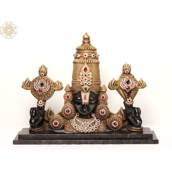 22" Brass Tirupati Balaji (Venkateshwara) Bust on Granite Base with Stone Work