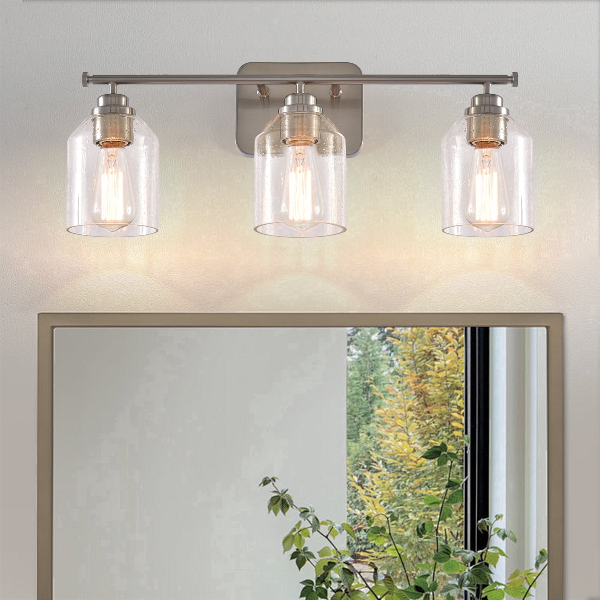 22" Modern Brushed Nickle 3-Light Seeded Glass Vanity Light Wall Sconce for Bathroom and Hallway