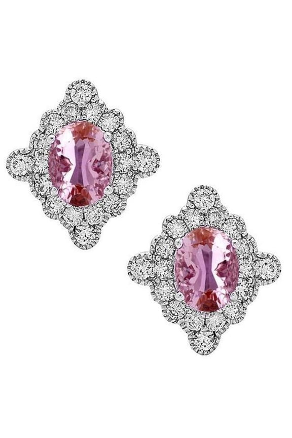 22 CT Halo Diamond Stud Earrings with Pink Kunzite, 14K White Gold