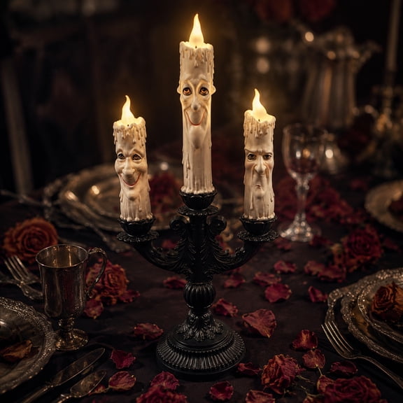 22" Candle Face Lighted Candelabra Halloween Decoration, 20 Inch Triple Melting Ghost Face LED Candlestick, Gothic Spooky Tabletop Halloween Ornament