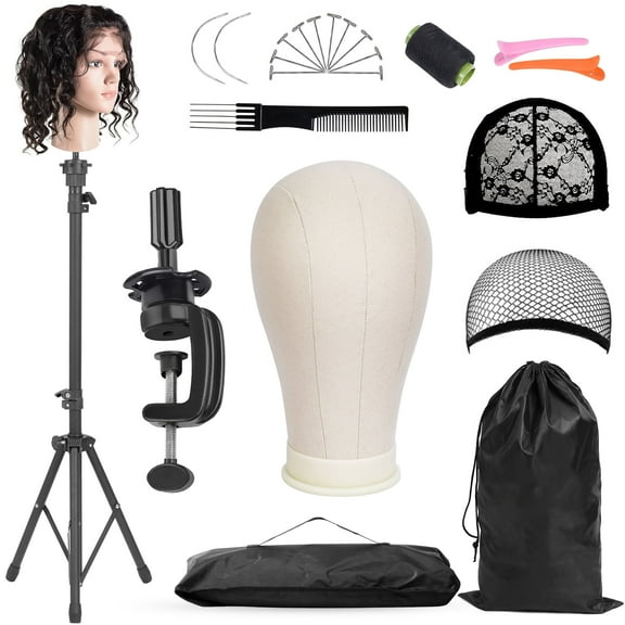 22" Canvas Cork Wig Head with 57" Mannequin Tripod for Wigs,Manikin Head Block Set for Wigs Making Display with Wig caps,T Pins Set,Bristle Brush
