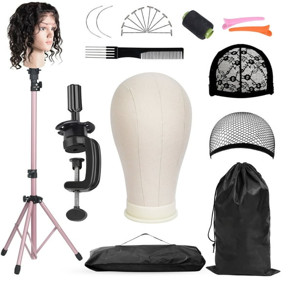 22" Canvas Cork Wig Head with 57" Mannequin Tripod for Wigs,Manikin Head Block Set for Wigs Making Display with Wig caps,T Pins Set,Bristle Brush