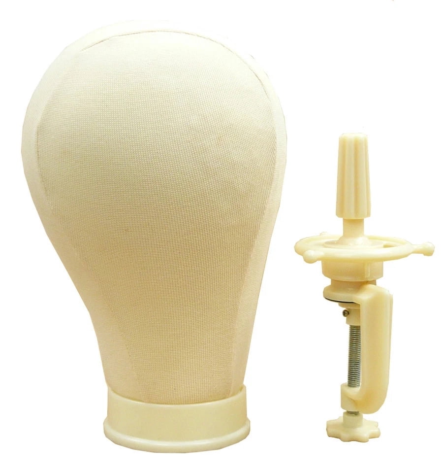 22" Canvas Wig Head Millinery & Lace Hats Mannequin Beige Black Cork Block with Clamp